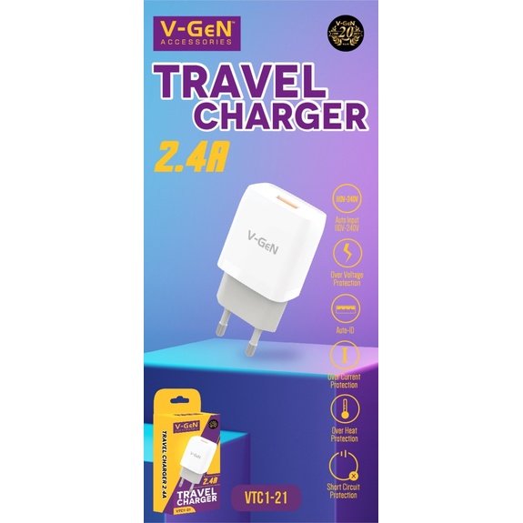 Adaptor Charger V-GeN VTC1-21 2.4A 1 Port USB Travel Charger VGEN