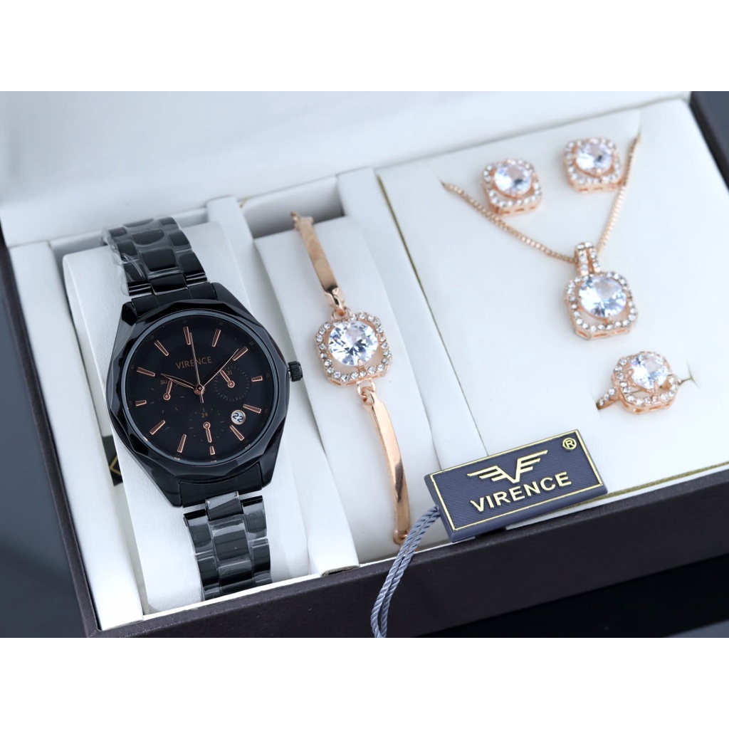 Jam tangan Wanita Original VIRENCE Strap Rantai V3003RT Full Set Original Water Resistance