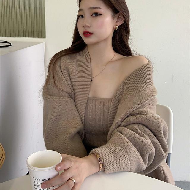 Red Rajutan Sweter Cardigan Mantel Wanita Musim Gugur dan Musim Dingin Setelan Jas Retro Longgar Gaya Korea Pakaian Malas Angin Atasan All-Match