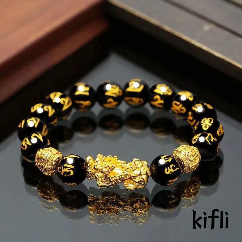 【kifli】Manik Gelang Fashion Retro Feng Shui Obsidian Emas Hitam Pria Wanita Netral Imitasi Obsidian Gelang Simple Fashion Import