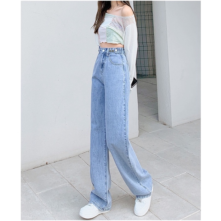 New Kekinian -- Highwaist Loose Straight Kasual Jeans Wanita Import