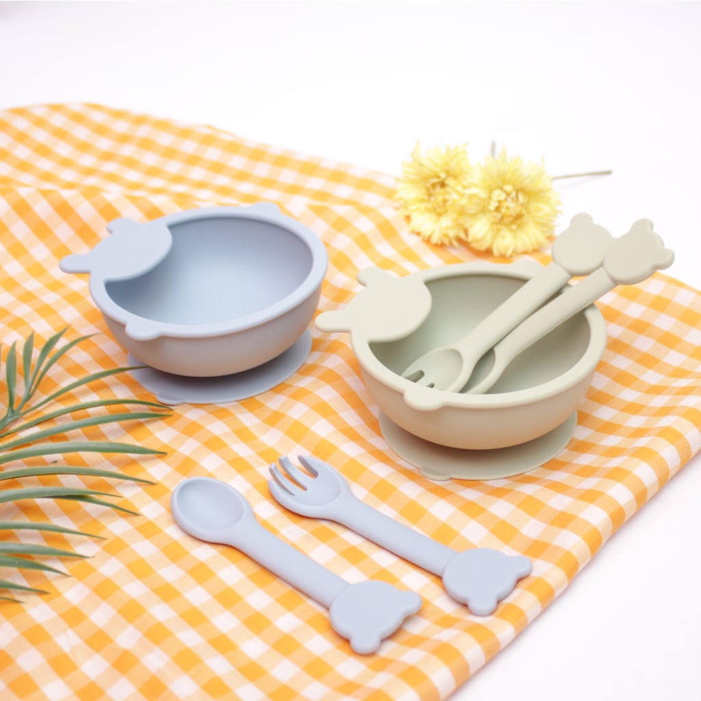 NIA BABY FEEDING SILICONE BOWL SUCTION - SET MANGKOK MAKAN BAYI DAN SENDOK GARPU BAHAN SILIKON