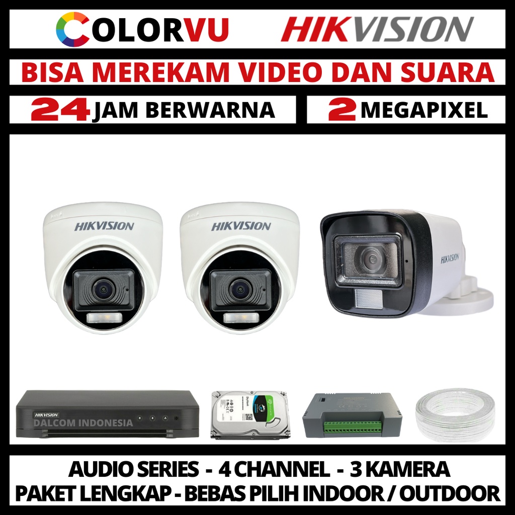 PAKET CCTV HIKVISION COLORVU 2MP 4 CHANNEL 3 KAMERA COLORFUL