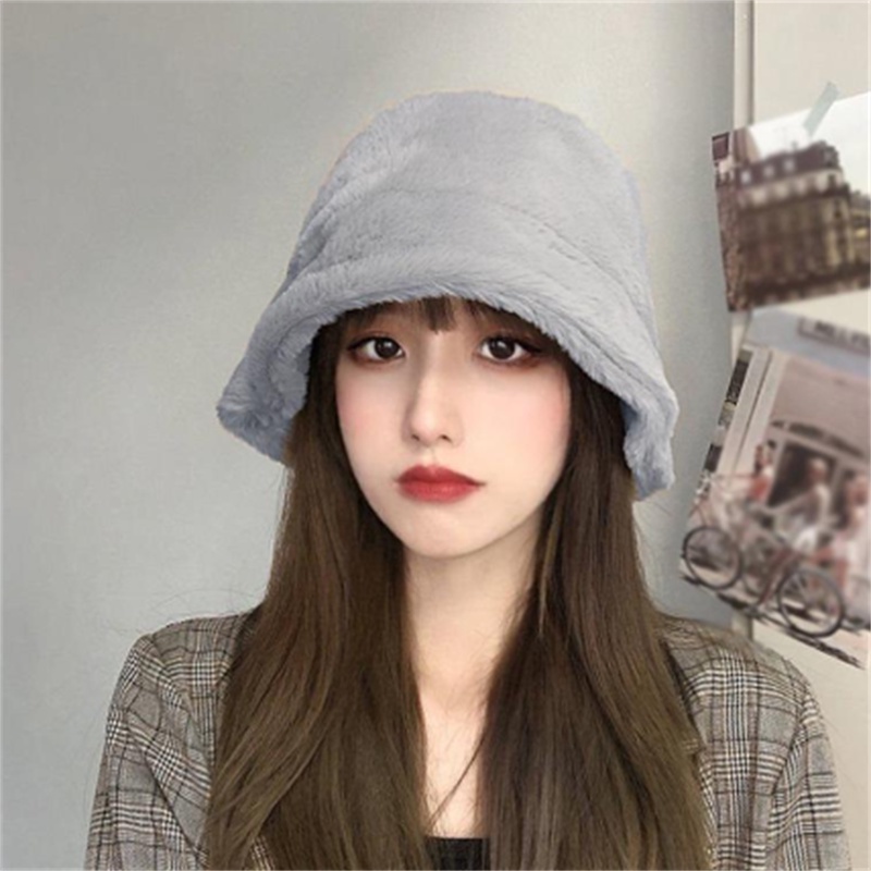 【COD Tangding】Topi Bucket Wanita Bahan Bulu Kelinci Warna Polos Gaya Korea Untuk Musim Dingin