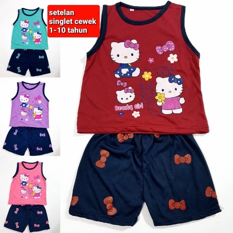 setelan SINGLET 1-10 tahun kaos anak perempuan celana pendek baju cewek motif kity pita grosir murah ecer