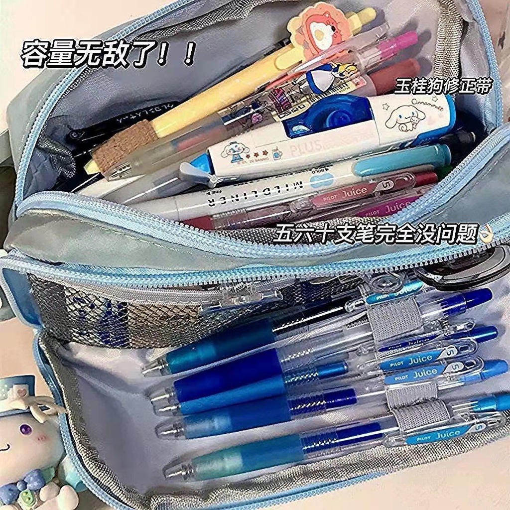 ⊙☾Sera Sera Versi Korea Bernilai Tinggi Warna Solid Double-Layer Double Ritsleting Kotak Alat Tulis Gadis Tas Kosmetik Mahasiswa Desktop Penyimpanan Tas Pena