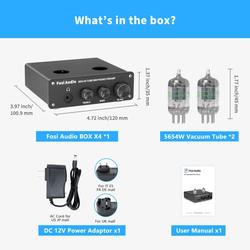 Fosi Audio Phono Preamp &amp; Headphone Amplifier with JAN 5654W Vacuum Tubes for MM Turntable Phonograph Preamplifier - Box X4 - Black