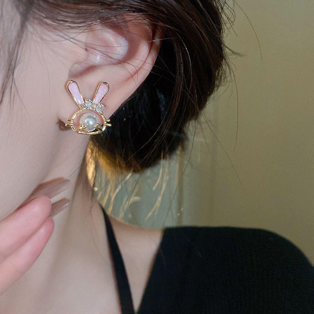 Mxbeauty Anting Wanita Elegan Manis Kartun Mutiara Desain Niche Perhiasan Fashion Kelinci Zirkon Gaya Korea Earrings