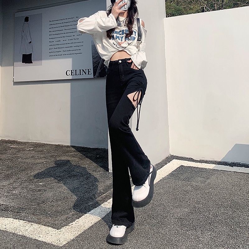 Suhao Rasa Desain Bertali Celana Jeans Robek Wanita Musim Panas 2022 Baru Pinggang Tinggi Pelangsing Kaki Lebar Wanita Mikro Berkobar Horseshoe celana