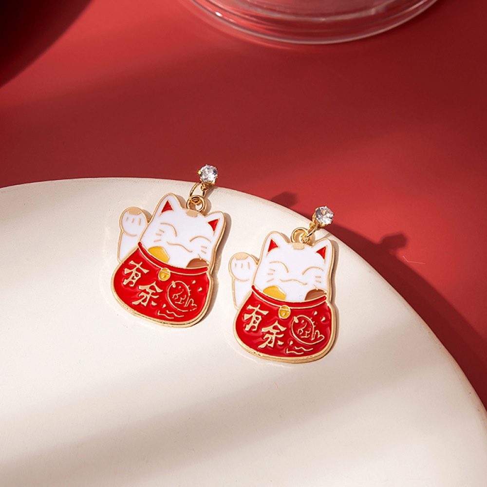 Anting Tusuk Gantung Wanita Bahan Sterling Silver 925 Desain Kucing Kartun Gaya Cina Untuk Hadiah