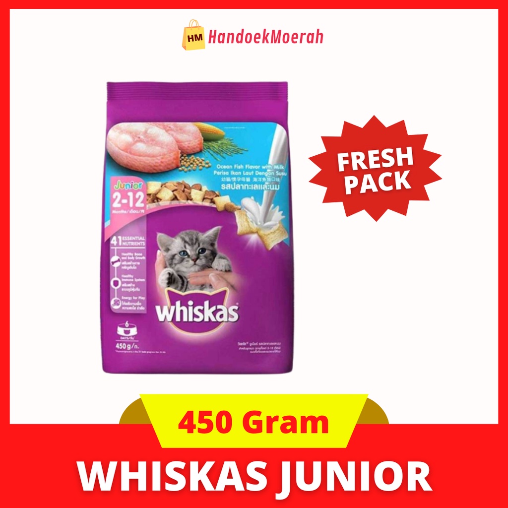 (Freshpack) Makanan Kucing Kering WHISKAS Junior Ocean Fish with Milk 450 gram / Dry Cat Food Murah