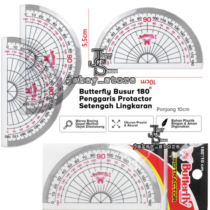 

Penggaris Busur Butterfly/ Penggaris Lengkung/ Busur 180°/ Busur 10cm/ Busur Derajat