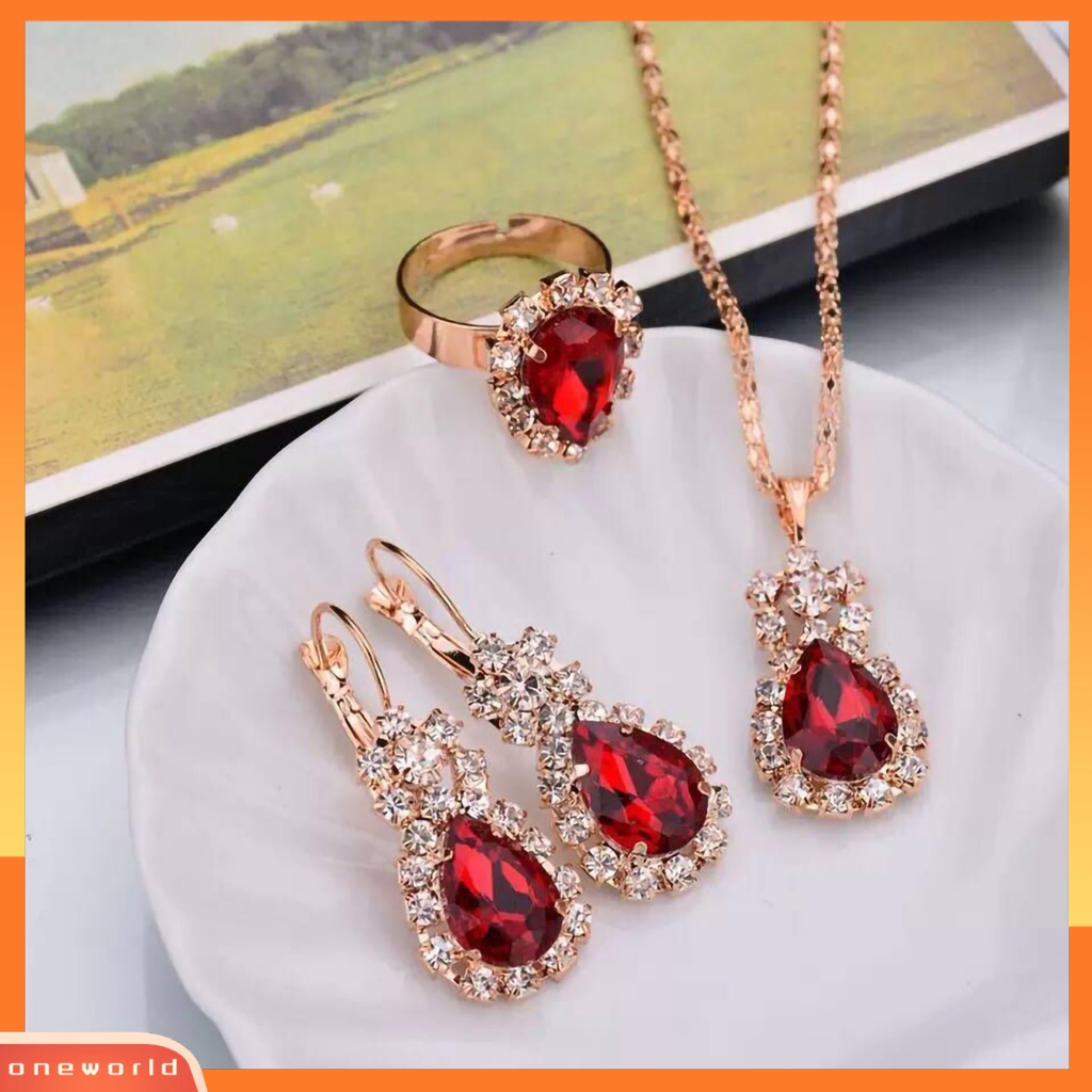 3pcs / Set Kalung Anting Cincin Liontin Water Drop Berlian Imitasi Bahan Alloy Warna Cerah