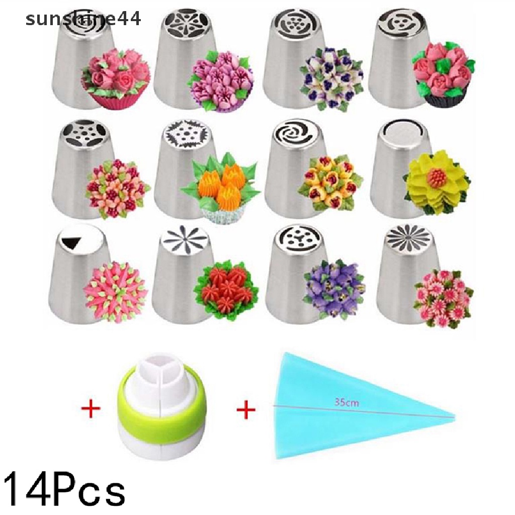 Sunshine 14pcs / Set Spuit Piping Rusia Bentuk Tulip Bahan Stainless Steel Untuk Dekorasi Kue