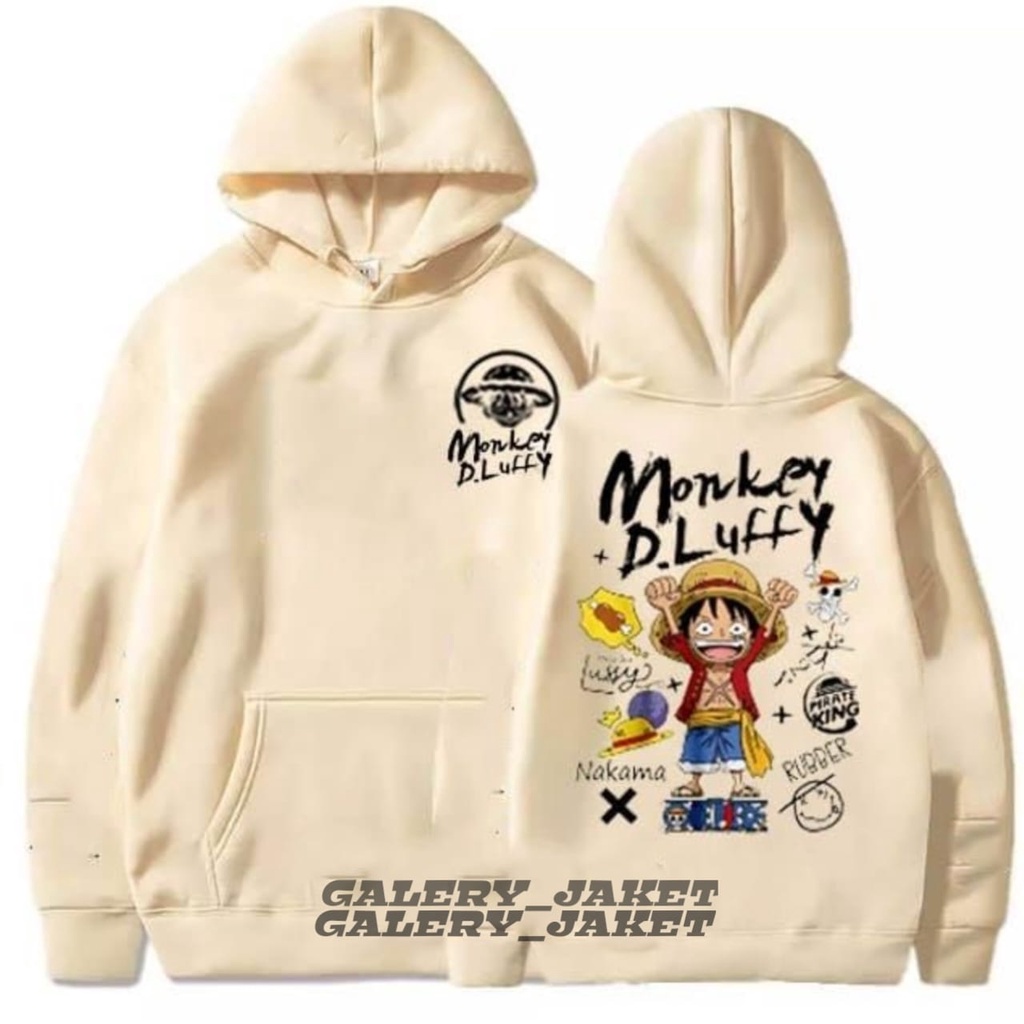 Jaket Sweater Hoodie One Piece Monkey D Luffy Putih Premium - Sweater Hoodie Anime One Piece Kartun D Luffy Kekinian Bahan Flece Tebal Gramasi 280 Size Lengkap S-M-L-XL-XXL