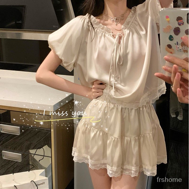 ins super peri putri angin angin peri warna murni es sutra piyama wanita musim panas renda renda gel