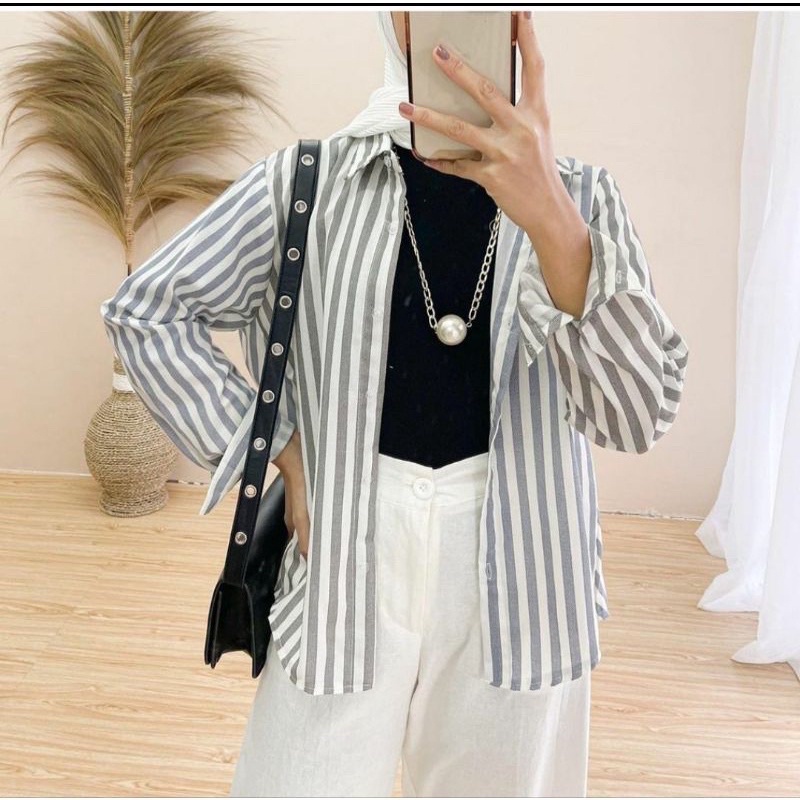 Strippy Shirt Jumbo Kemeja Salur Oversize Atasan Jumbo Wanita