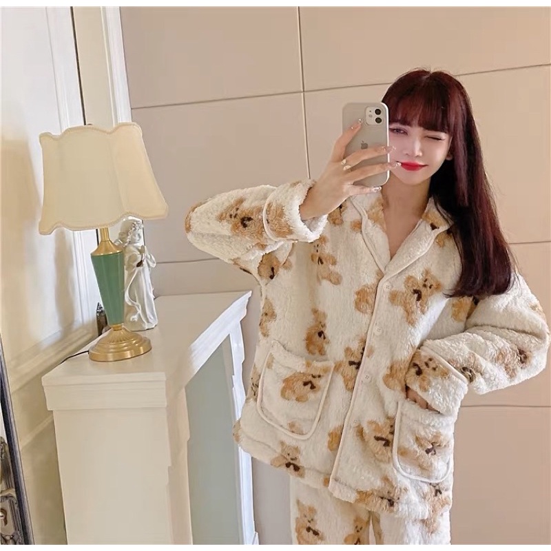 [ready stock] bear uwon fluffy pajama set | piyama set bahan fluffy motif bear beruang