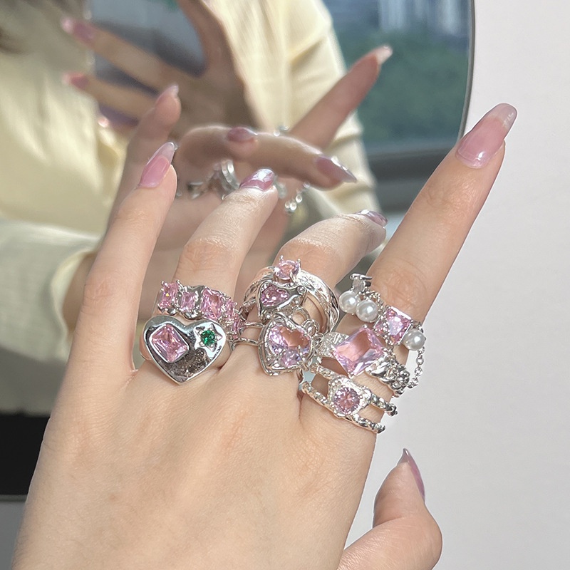 Cincin Model Terbuka Bahan Alloy Desain Hati Hias Mutiaraberlian Imitasizircon Pink Untuk Wanita