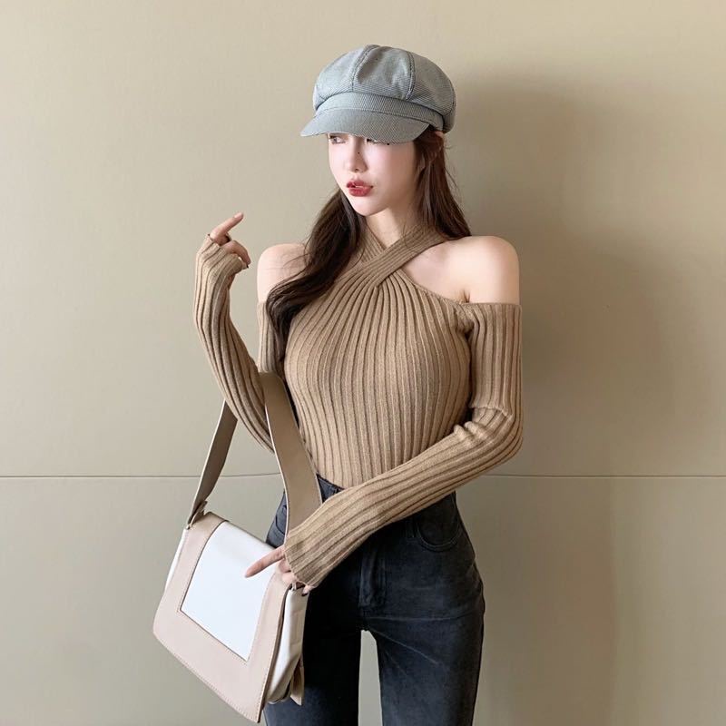 Satu kata off-the-shoulder cross-halter neck sweater top wanita musim semi dan musim gugur pendek ketat seksi bagian dalam bottoming sweater wanita