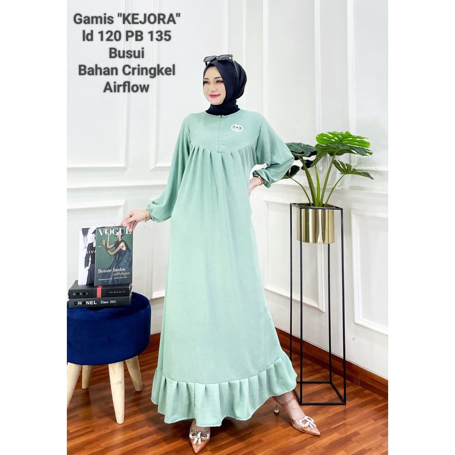 Gamis Crinkle Airflow Model Ruffel Warna Polos Zipper Depan Viral Terbaru