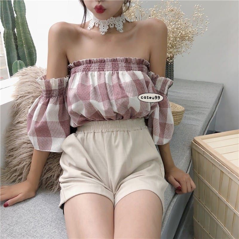 selvina blouse maroon kerut sandrina sabrina crop top bahu karet blouse kotak