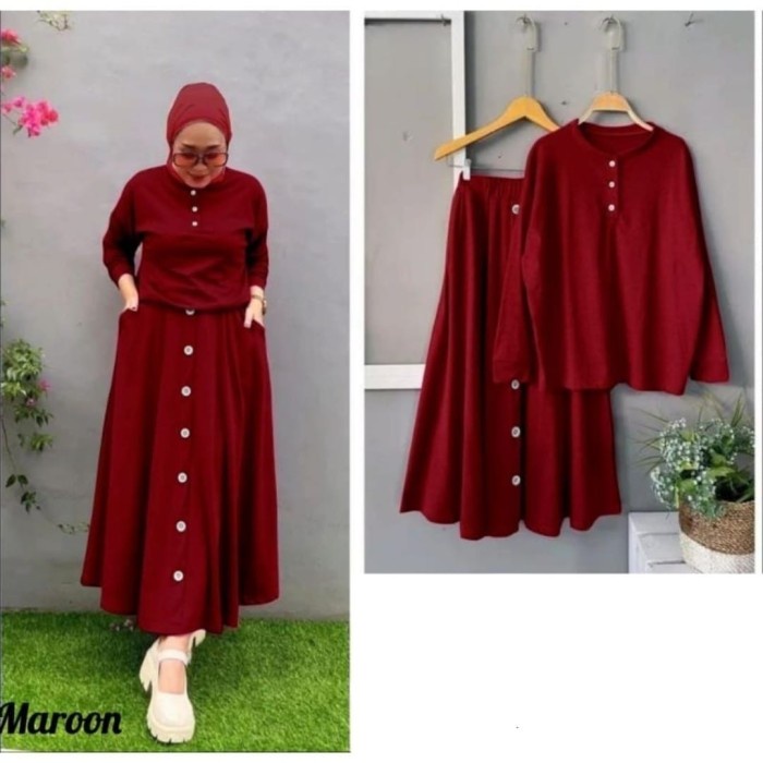Setelan Rok Wanita Jumbo Kancing Hidup Busui Set Ootd Muslim Kekinian