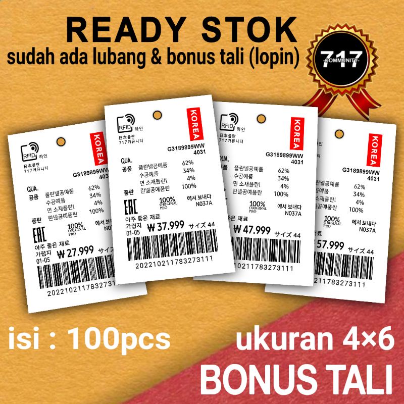 

Label Baju Hang Tag 4×6 isi 100pcs BONUS TALI hangtag label korea Yen label T-Shirt label kaos hangstag namestag ready stok