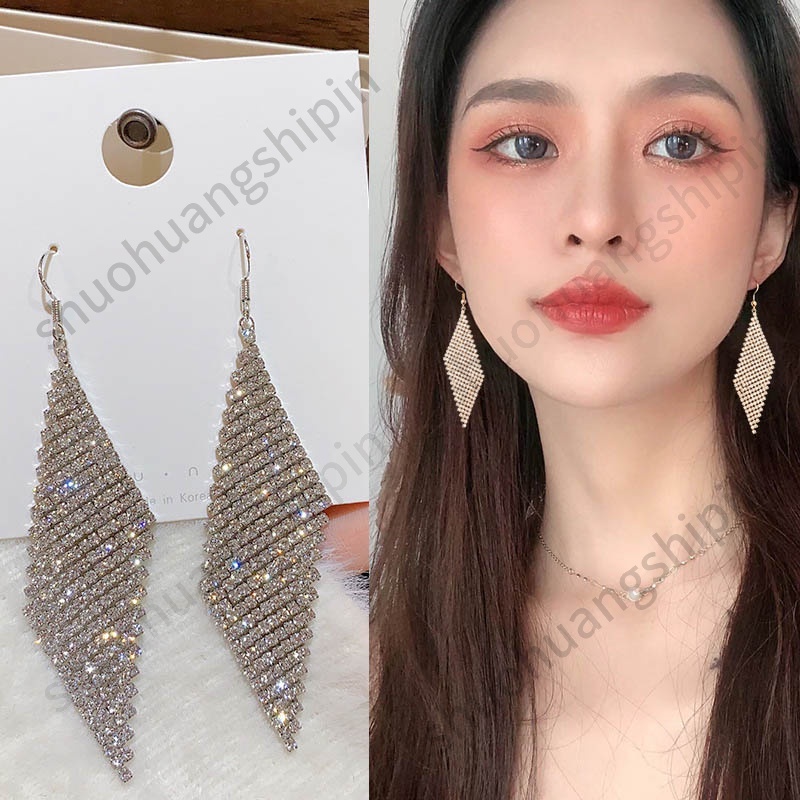 Anting Rumbai Panjang Hias Berlian Imitasi Gaya Eropa Amerika
