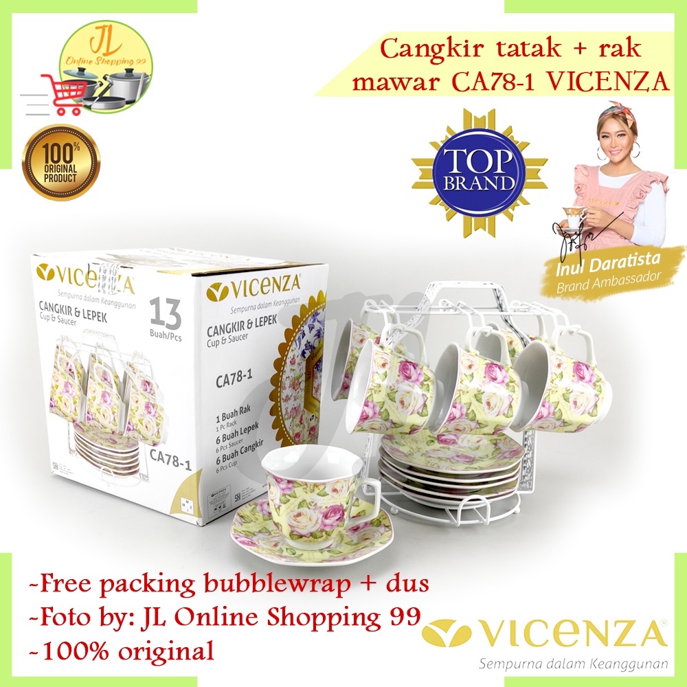 Vicenza Cangkir set + rak CA-78-1 motif Mawar / Tea set / cangkir mewah original