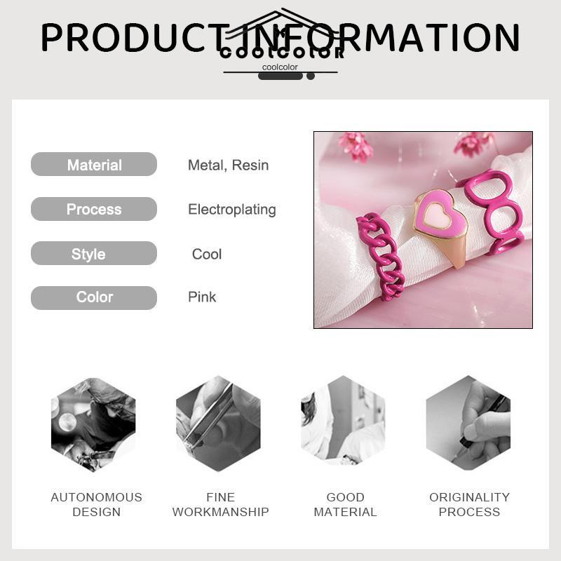 COD❤️3PCS Heart Geometry Rings Cincin Geometri Jantung Cincin Mode Menetes Minyak yang Dapat Disesuaikan untuk Aksesoris Perhiasan Wanita- cl