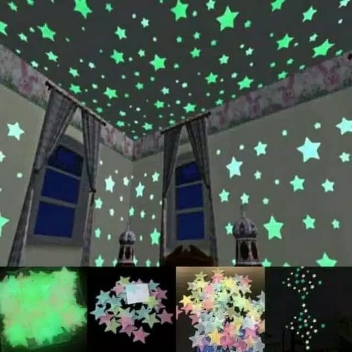 Stiker Bintang Glow In The Dark 100Pcs Wall Sticker Little Star 3D Dekorasi Tempelan Hiasan Atap Plafon Dinding Kamar Anak
