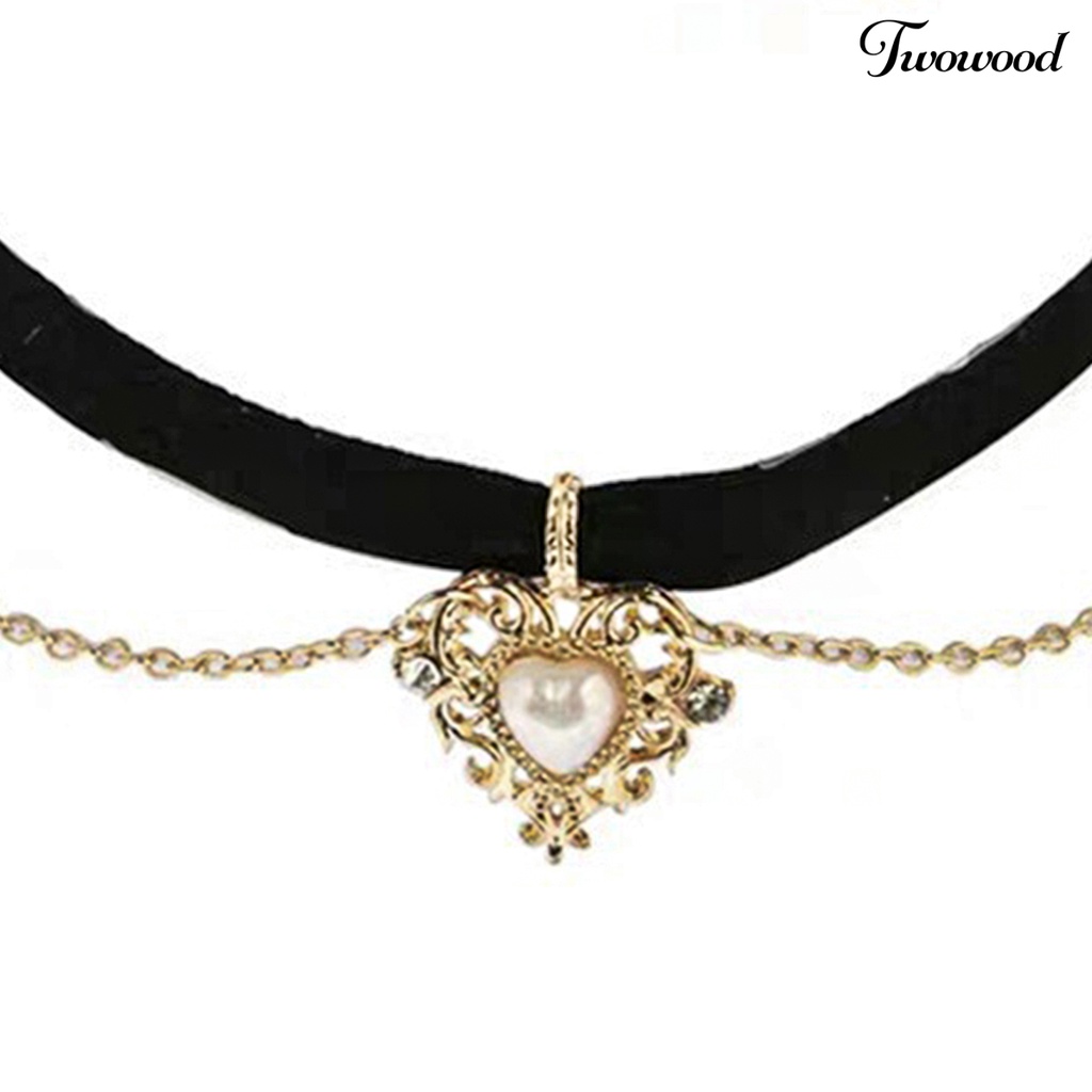 Kalung Choker Bahan Alloy Dengan Liontin Hati Aksen Mutiara Imitasi Gaya Gothic Untuk Wanita