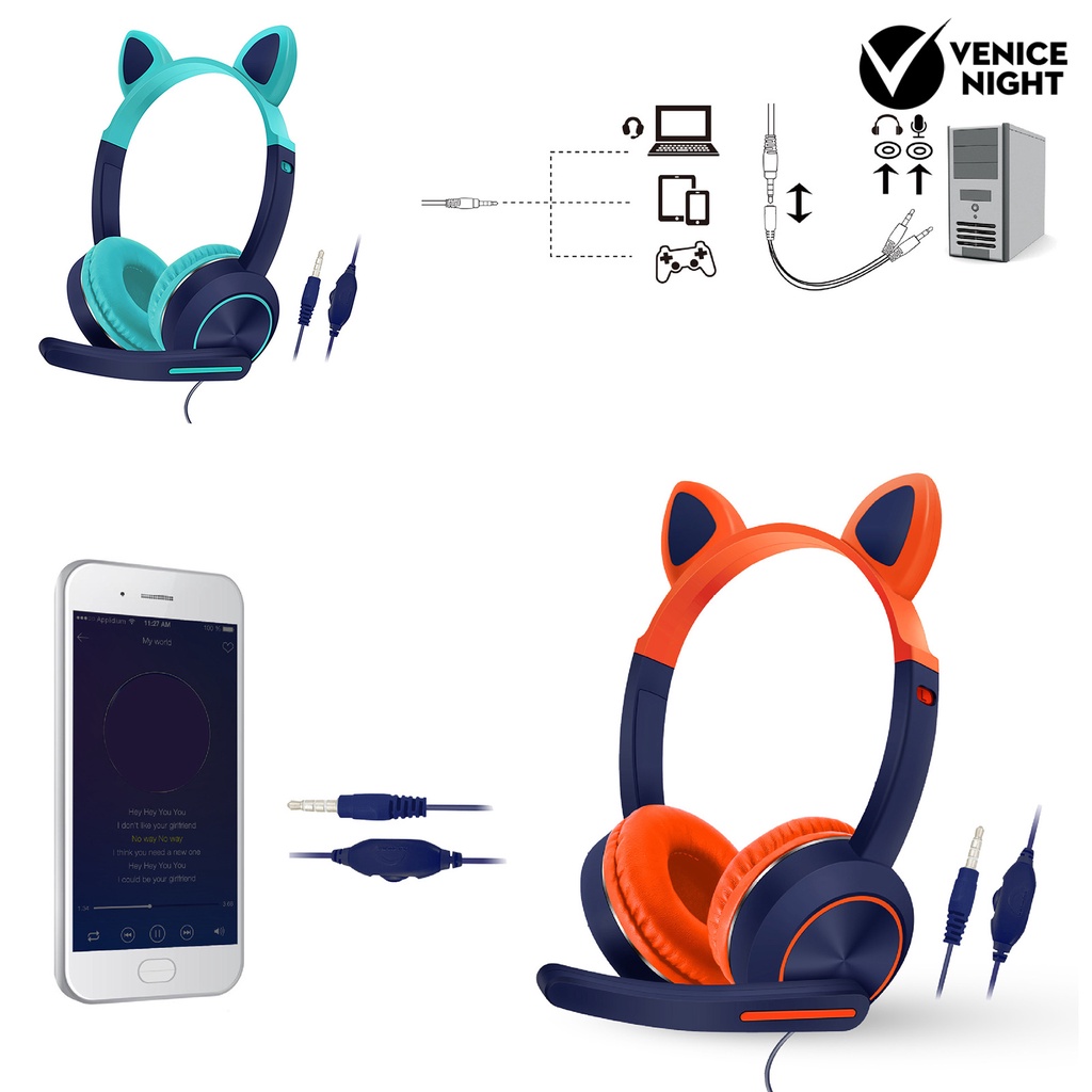 (VNEP) (Berkabel) AKZ-024 Headphone Sensitif Stabil Transmisi Telinga Kucing Bentuk 3.5mm HI FI Headset dengan Panjang MIC untuk Mendengarkan Musik