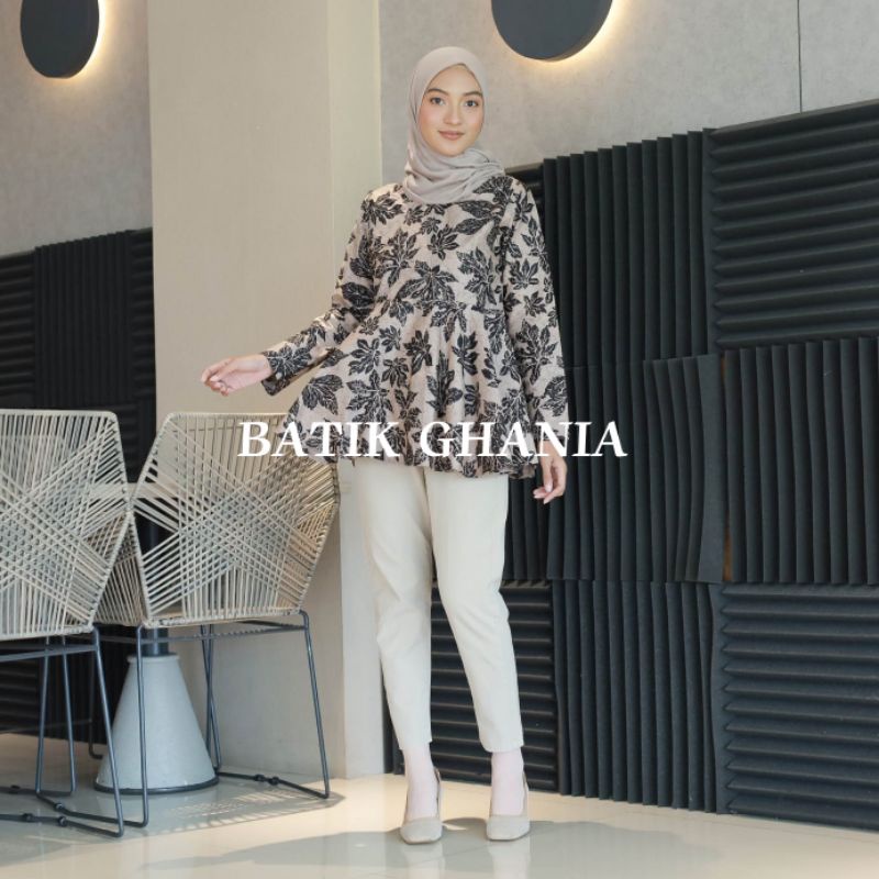 Blus Batik Wanita Kekinian Atasan Batik Lengan Panjang Batik Modern motif daun singkong