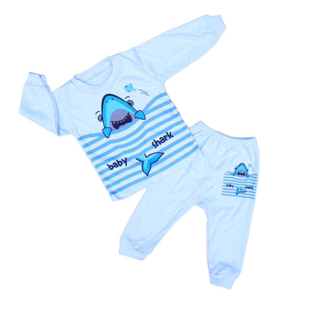 Set Baju Bayi Katun Double Setelan Premium Baju Panjang Pampers Motif Baby Shark