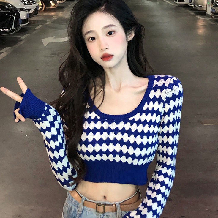 Red Musim Gugur Gadis Panas Fashion Pusar Pendek Lengan Panjang Rajutan Sweater Wanita Slim Slim Leher Bulat Bottoming Top 2022 Baru