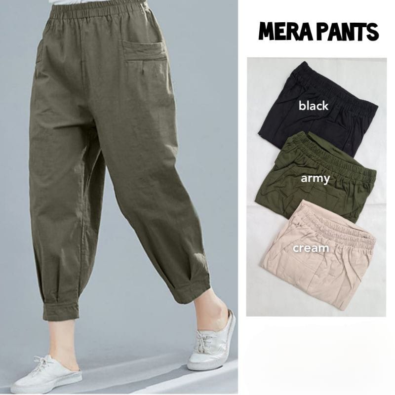 Celana Korean Style Wanita Mera Pants Size XL XXL Bahan Katun Twill Stretch Premium Pinggang Full Karet