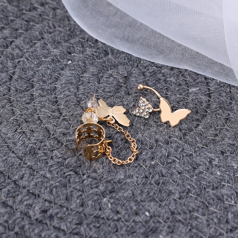 3 Pcs/Set Anting Gadis Emas Berkilau Anting Gadis Kupu-Kupu Yang Dipersonalisasi Anting Pejantan Manis Rantai Berongga Klip Telinga Fashion Aksesoris Belanja