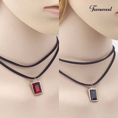 Kalung Choker Double Layer Liontin Berlian Imitasi Bentuk Persegi Gaya Vintage