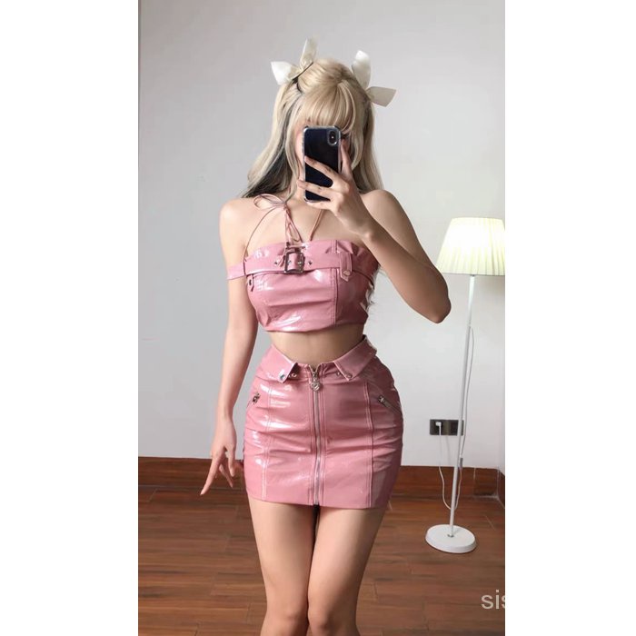 #Sisjuly# [Setelan Dua Potong] Atasan Tank Selubung Pendek Merah Muda Wanita + Rok Kulit Pinggang Pinggul
