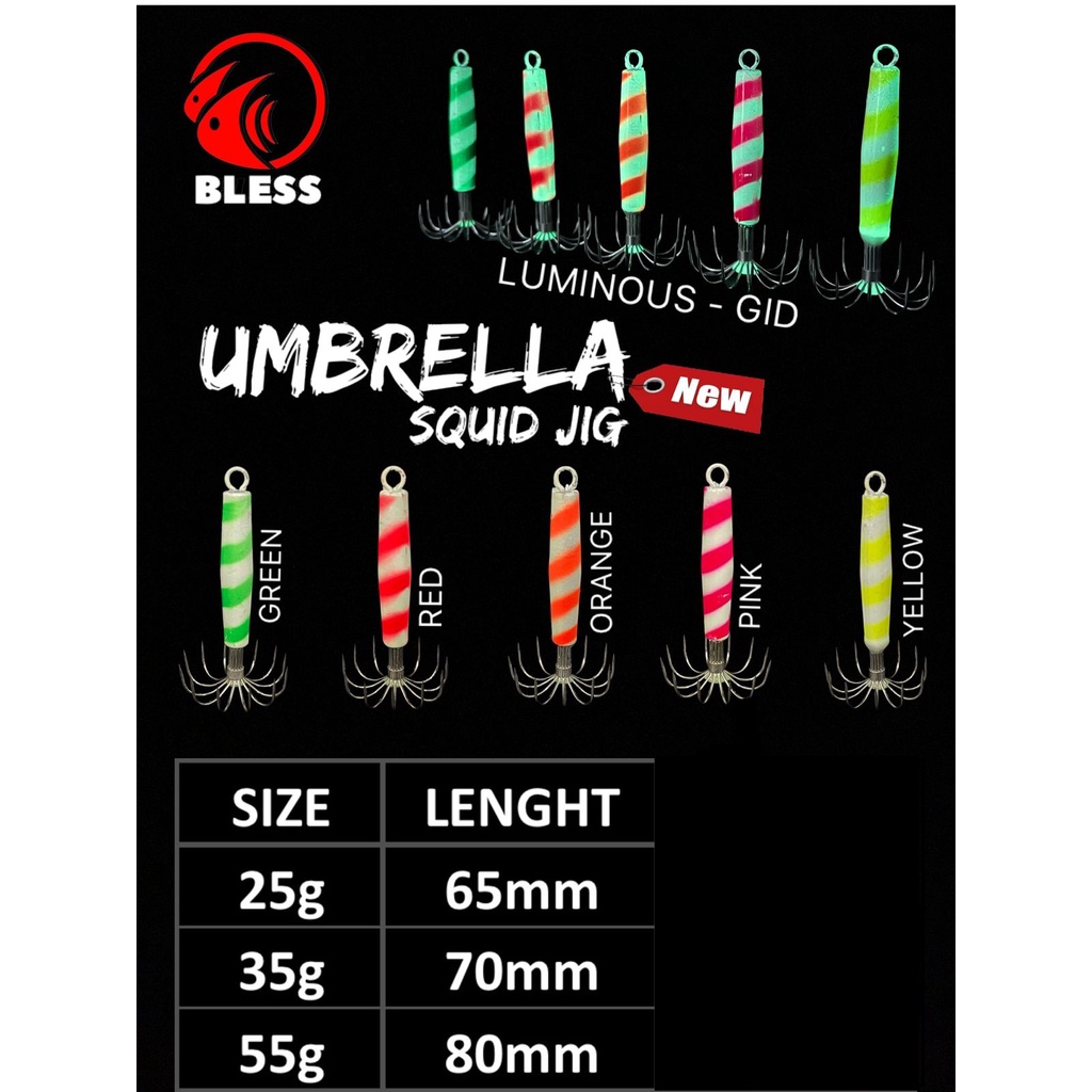 UMPAN PANCING BLESS UMBRELLA SQUID JIG 25GRAM 35GRAM 55GRAM GID KAIL CUMI UMPAN PANCING CUMI TERLARIS