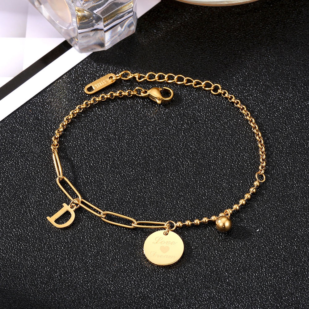 Gelang Rantai Bahan Titanium Steel Desain Alfabet Gaya Korea Retro