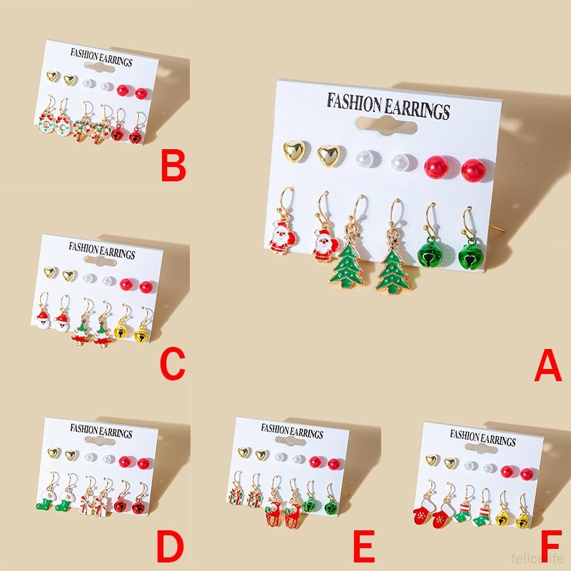 Set 6 Pasang Anting Tusukgantung Wanita Aneka Desain Tema Natal Untuk Hadiah