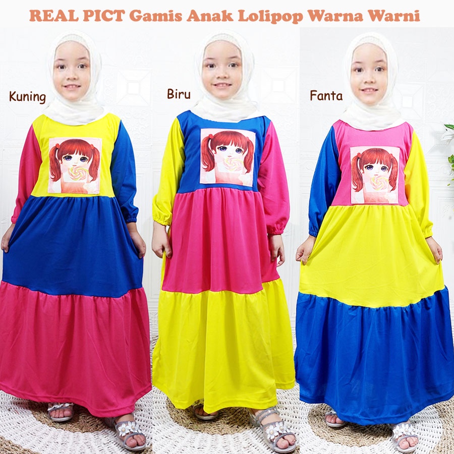 GAMIS LOLIPOP WARNA WARNI ANAK 2-13tahun SOLEHA PEREMPUAN DRESS