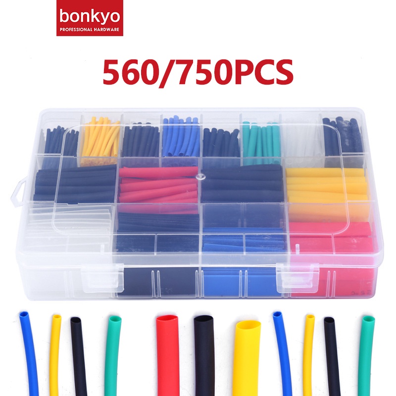 bonkyo 560/750Pcs Heat Shrink Tube Isolasi Bakar Kabel Selang Bakar Selongsong Bakar abel bakar solasi bakar untuk kabel isolasi kabel