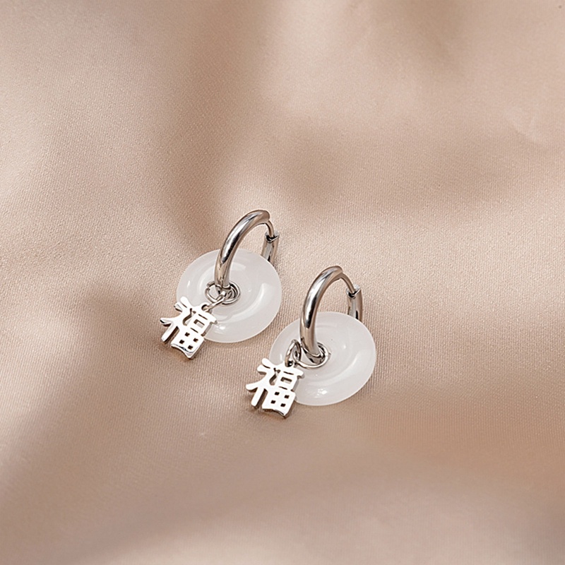 Fancyqube Anting Stud Bentuk Lingkaran Menjuntai Bahan Giok Hijau Gaya Vintage Untuk Hadiah Perhiasan