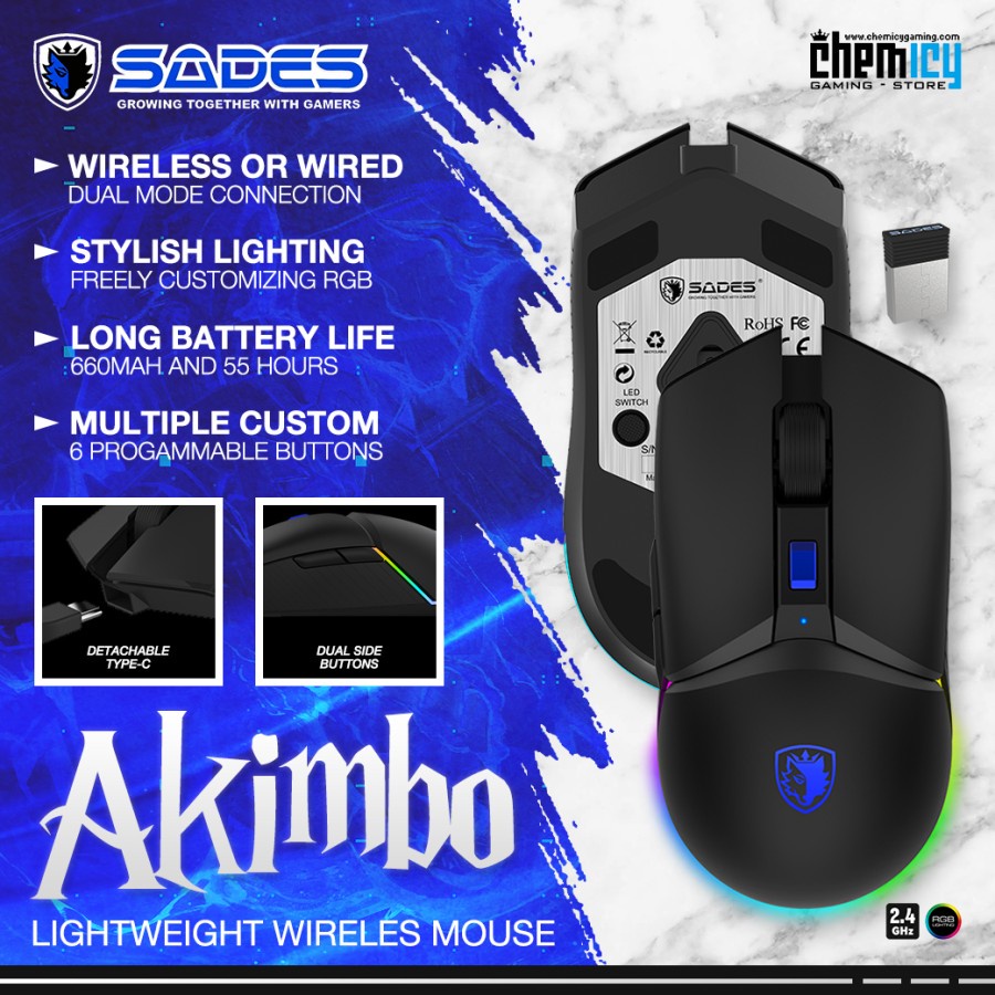 Sades Akimbo RGB Lightweight Dual Mode Wireless Gaming Mouse