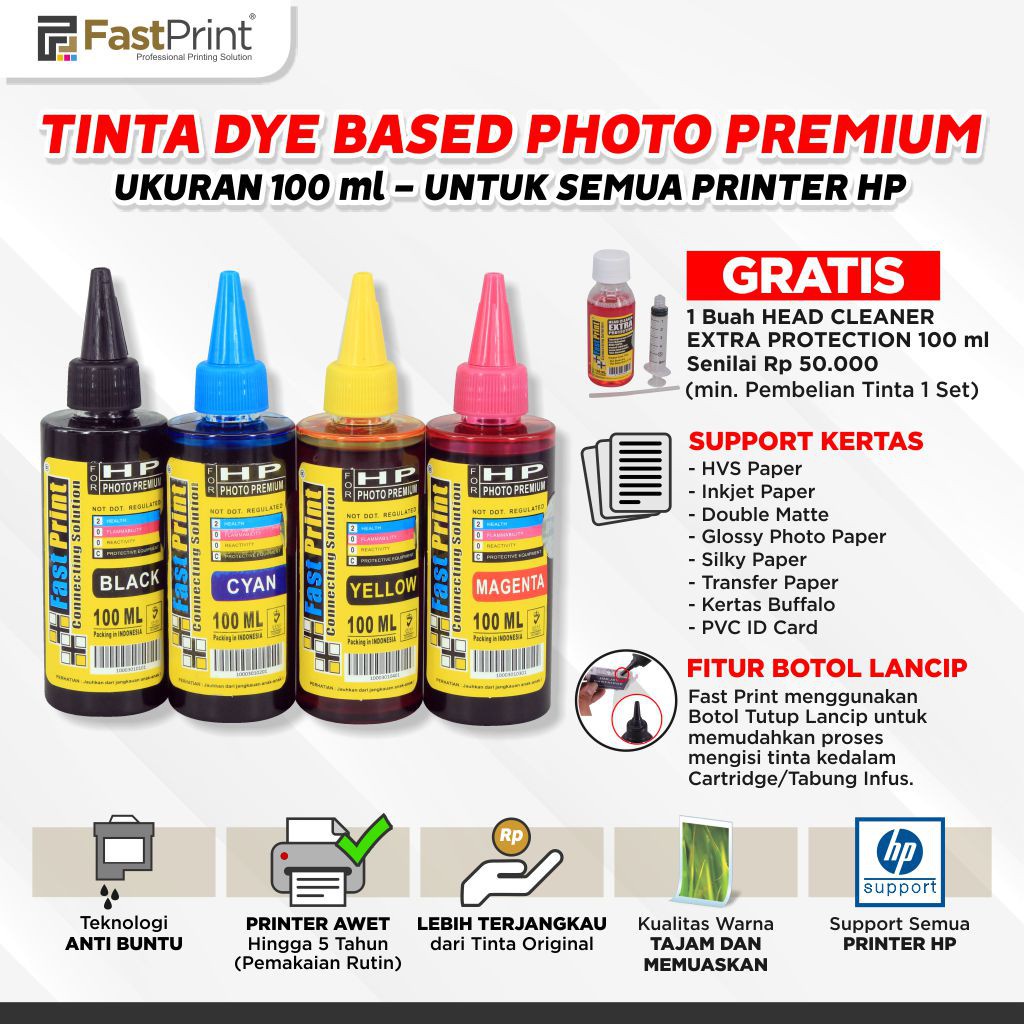 Tinta Photo Premium Fast Print Printer HP 1 Set 4 Warna 100 ML