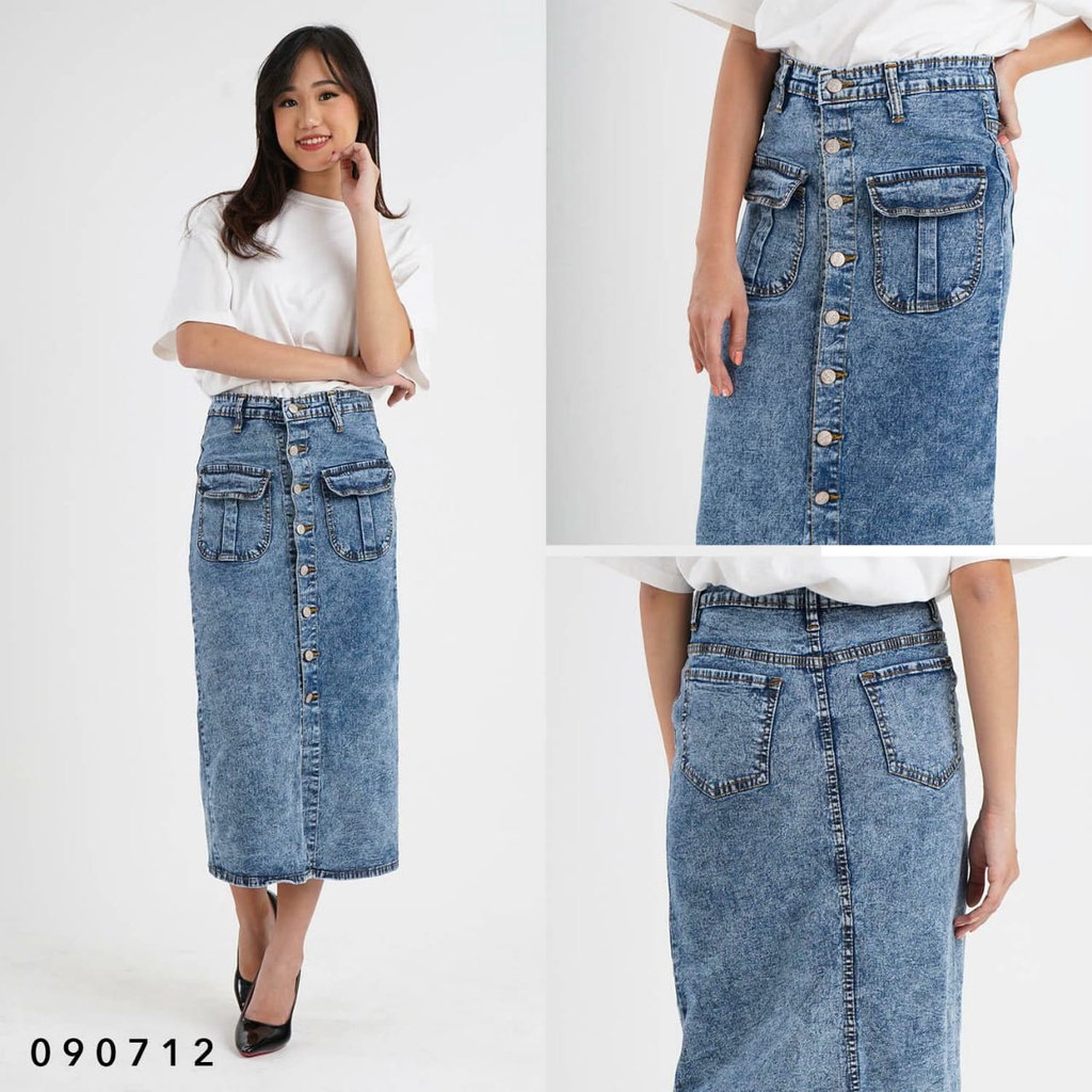 Skirt Jeans Wanita Cewek Rok Kancing 8 Stretch Bigsize Jumbo Kantong Depan